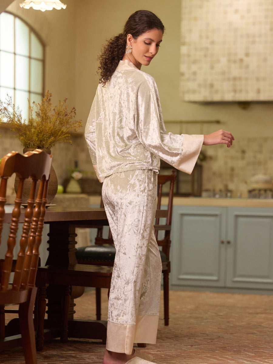 Soft Green Velvet Pajama Set 3Pcs with Camisole and Pants