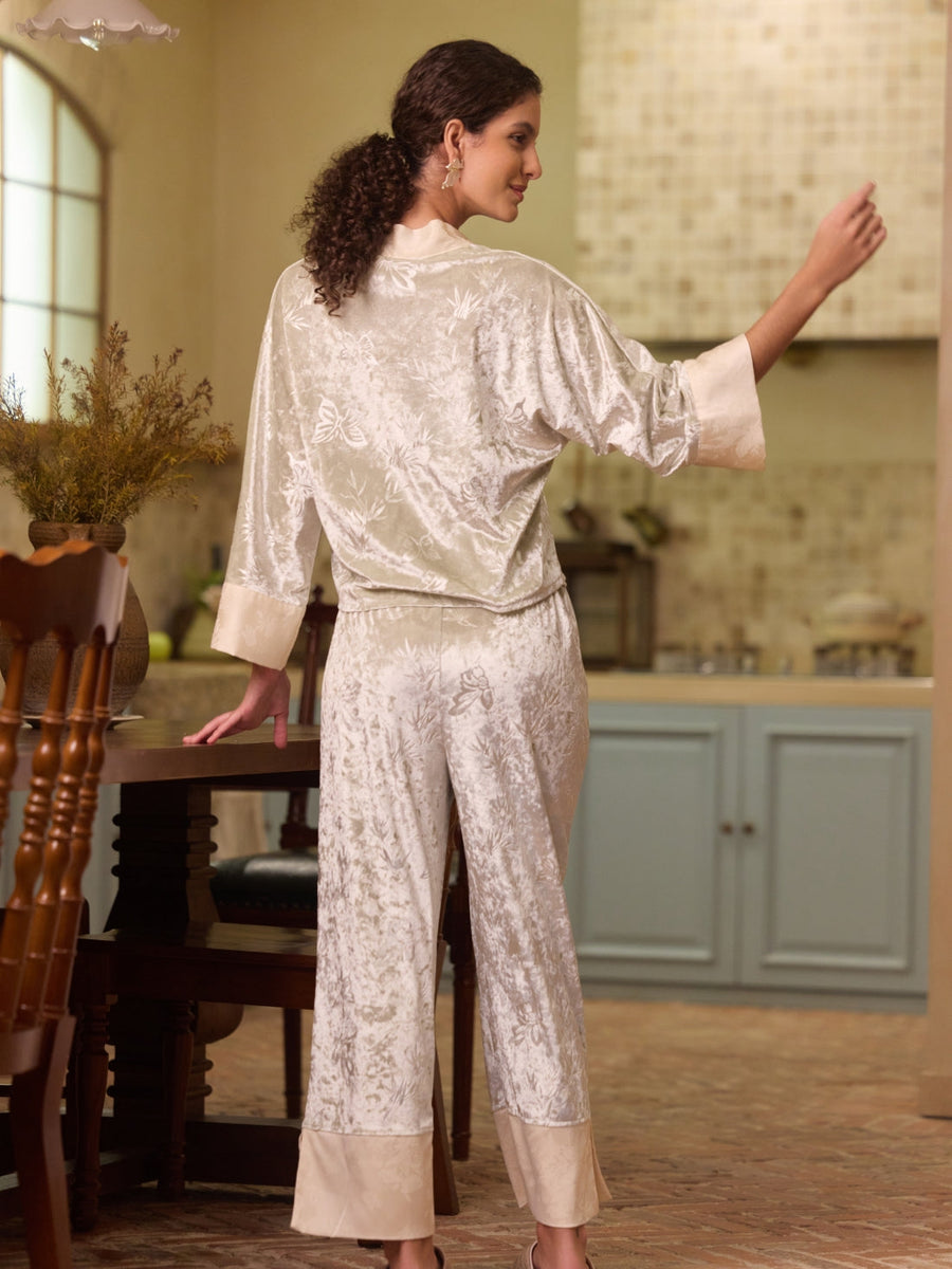 Soft Green Velvet Pajama Set 3Pcs with Camisole and Pants