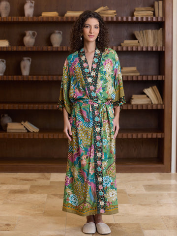 Green Phoenix Bloom Cotton Kimono Robe