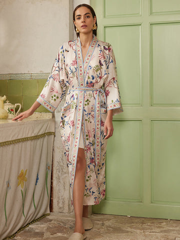 Beige Chinoiserie Floral Long Kimono Robe with Pockets