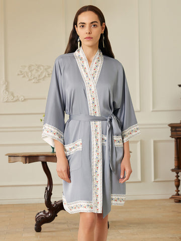 Light Blue Embellished Flower Short Robe with Pockets